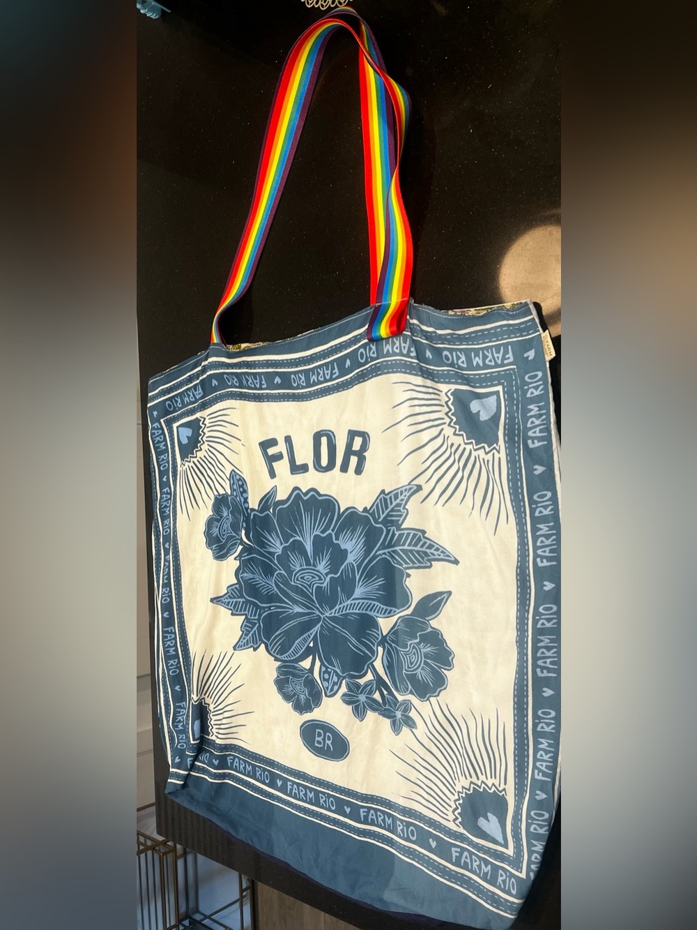 FARM Rio Blue & Cream Floral Tote with Rainbow Straps